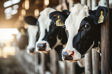 Black and white dairy cows standing in a row in a barn, looking through the fence