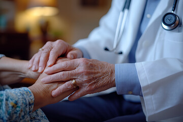 Obraz premium A geriatric doctor consulting and caring for an elderly patient suffering from Parkinson's disease, arthritis, gout, or mental health issues, providing examination and comfort in a medical clinic 