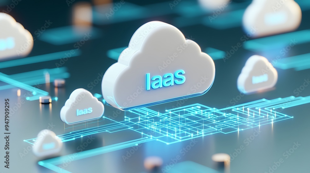 Poster digital representation of infrastructure as a service (iaas) visualized with 3d cloud icons and tech