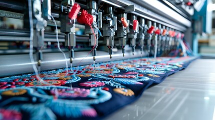 Obraz premium Precision in Motion CloseUp of Industrial Embroidery Machine Crafting Intricate Design with Needles