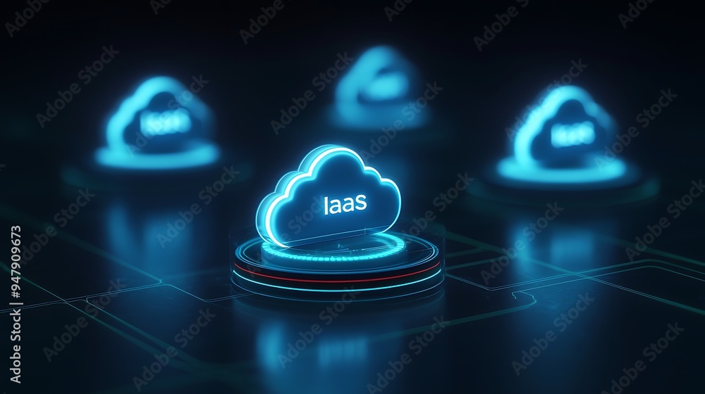 Poster futuristic 3d illustration of cloud computing concept with multiple glowing iaas icons in a dark net