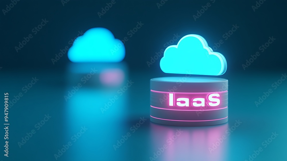 Poster futuristic 3d render of iaas infrastructure-as-a-service concept with neon cloud icons in blue and p