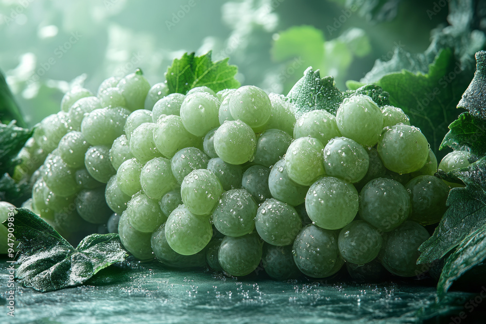 Poster dissolving clusters of grapes blending into a pastel green mist,
