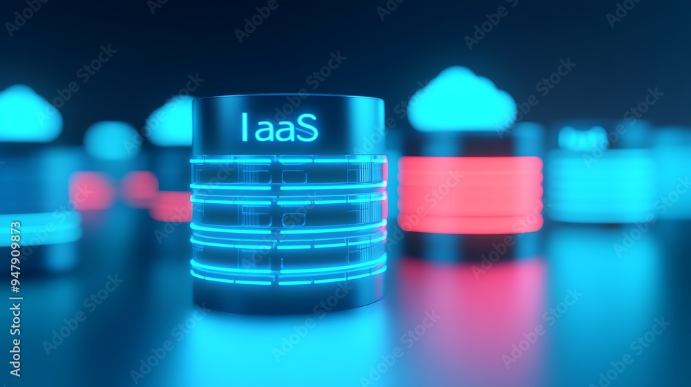 Poster futuristic 3d rendering of iaas cloud storage icons glowing in blue and red, representing cloud infr