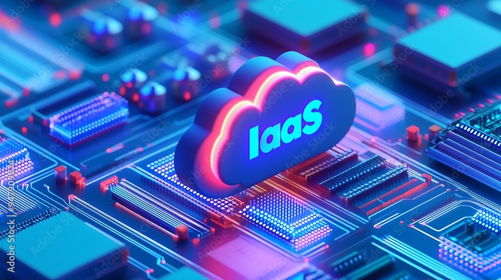 Poster futuristic cloud computing concept featuring iaas infrastructure as a service on a digital circuit b