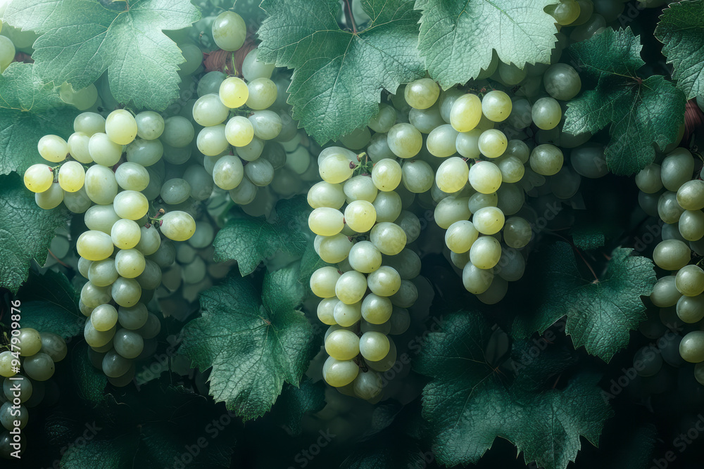 Poster dissolving clusters of grapes blending into a pastel green mist,