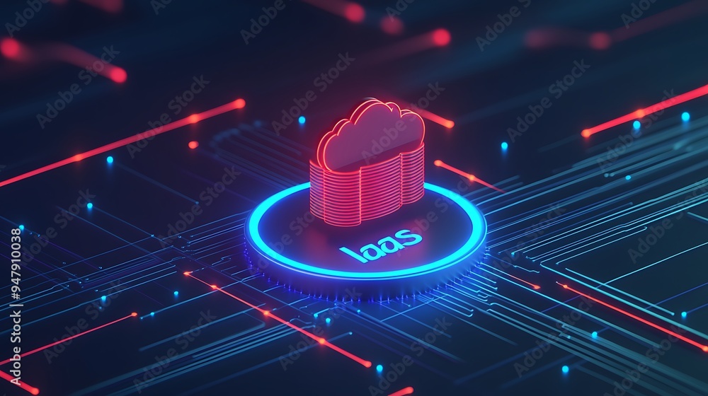 Poster futuristic cloud computing concept with a glowing saas icon on a digital circuit board, representing