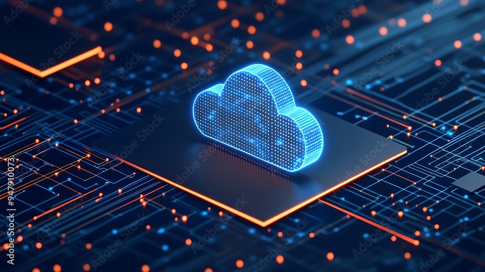 Poster futuristic cloud computing concept with digital cloud on a circuit board, representing data storage 