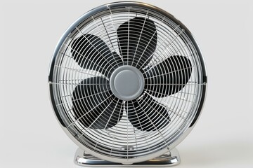 Chrome desk fan is blowing air, providing a much needed breeze on a hot day