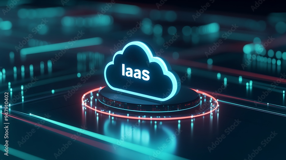 Poster futuristic cloud computing concept with iaas text, glowing network connections, and circuit board in