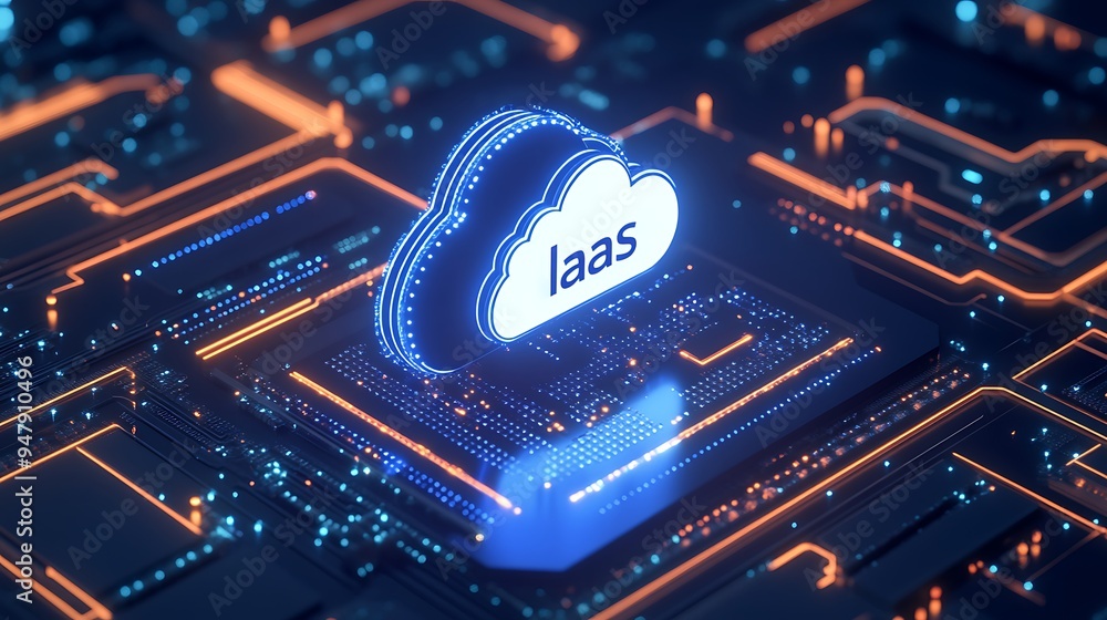 Poster futuristic cloud computing concept with iaas text on digital circuit board, representing infrastruct