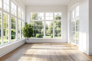 Fototapeta premium Empty High Ceiling Room with White Big Windows, Wooden Floor and White Walls interior design mock up