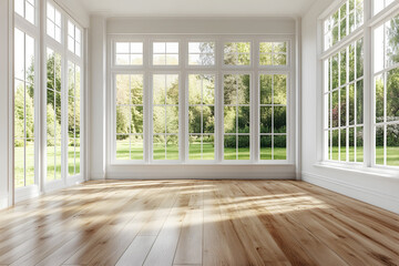 Fototapeta premium Empty High Ceiling Room with White Big Windows, Wooden Floor and White Walls interior design mock up