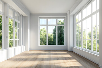 Obraz premium Empty High Ceiling Room with White Big Windows, Wooden Floor and White Walls interior design mock up