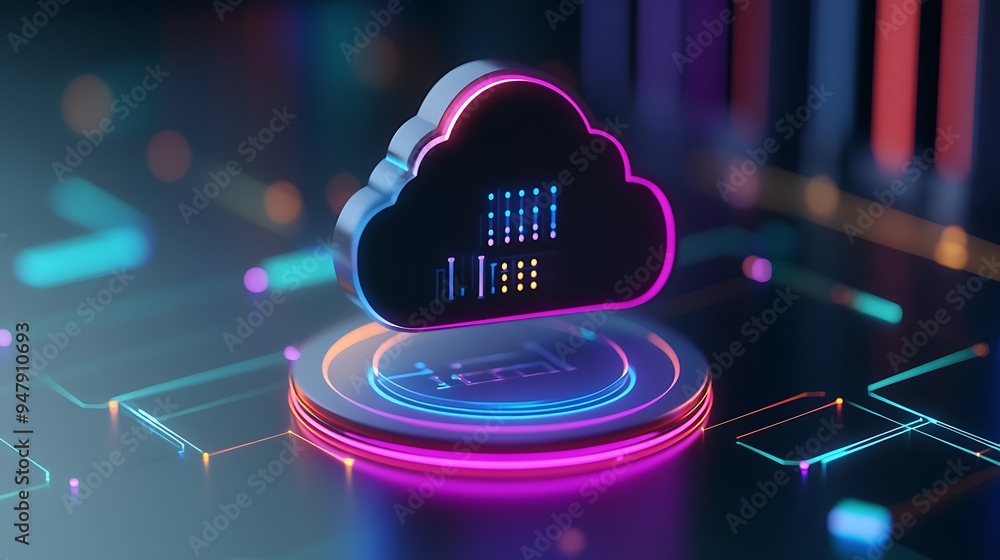 Aufkleber futuristic cloud computing concept with neon lights, representing digital data storage, processing, 