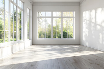 Obraz premium Empty High Ceiling Room with White Big Windows, Wooden Floor and White Walls interior design mock up