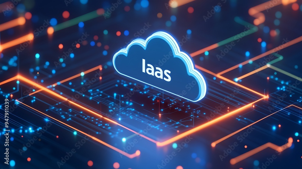 Poster futuristic cloud iaas concept with glowing circuits and digital connections, representing infrastruc