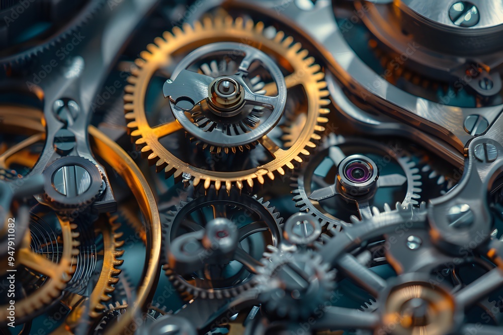 Poster intricate clockwork mechanism showcasing gears and cogs in motion