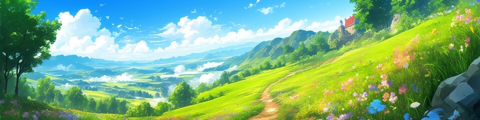 Vibrant Anime-Style Nature Adventure: Cinematic Sky with Stunning Clouds in Colorful Landscape. AI-Generated Artistic Scene for Marketing, Cultural Expression, and Versatile Design Applications. Elega