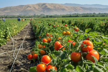 Rows of tomato plants bearing ripe fruit are growing on a farm in california, with farm workers...