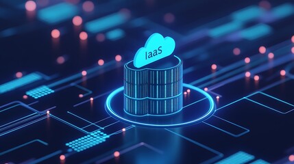 Fototapeta premium Futuristic concept of cloud computing infrastructure as a service (IaaS) with glowing technology elements in a digital environment.