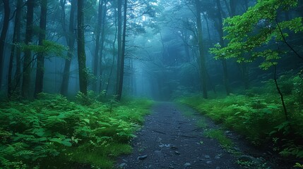 Obraz premium Misty Aokigahara forest trail at dawn with lush greenery