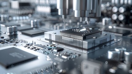 Precision in Progress Futuristic Technology Assembly Line with Shiny Silver Components and Advanced Circuitry Industry 4.0 Innovation Concept