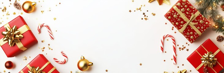 Obraz premium 3D rendering of a Christmas and New Year's background with red gift boxes, gold ornaments, and candy canes on a white background.