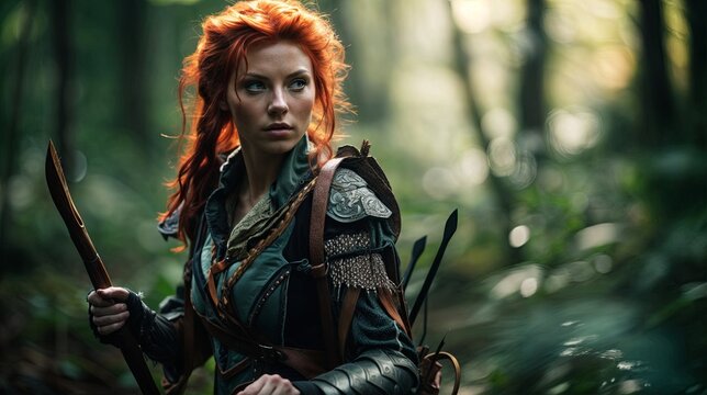 a close-up of a female character with red hair, wearing a fantasy outfit and holding a bow and arrows, set against a forest background.