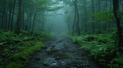 Fototapeta premium Mysterious misty forest path in Aokigahara with lush greenery
