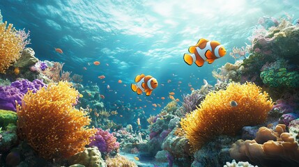 Fototapeta premium A clownfish swimming amidst a vibrant coral reef in the Red Sea, showcasing its colorful stripes and the rich marine biodiversity of the reef environment.