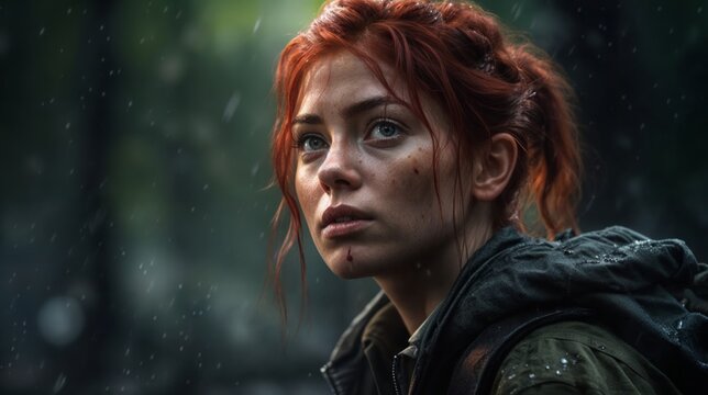 a close-up of a female character with red hair, wearing a fantasy outfit a forest background. She has with a thoughtful expression.