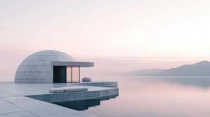 Fototapeta premium Coast view, lakeside, modern architecture, dome building, modern bench, cushioned seat, gray tiles, calm water, rolling hills, soft sky, early morning, evening, peaceful atmosphere