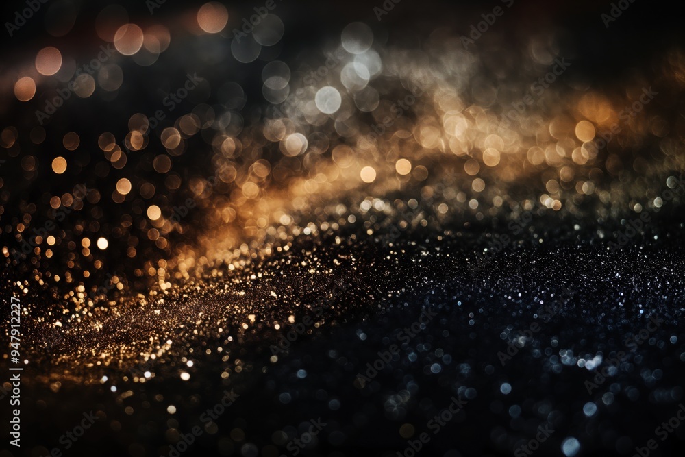 Poster golden glitter sparkling and creating a festive bokeh effect on a black background