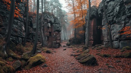 The Devil's Wall in Saxony-Anhalt, Germany, a dramatic natural rock formation characterized by its towering, jagged structures and scenic beauty, offering stunning views of the surrounding landscape.