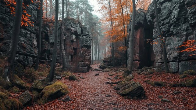 The Devil's Wall in Saxony-Anhalt, Germany, a dramatic natural rock formation characterized by its towering, jagged structures and scenic beauty, offering stunning views of the surrounding landscape.