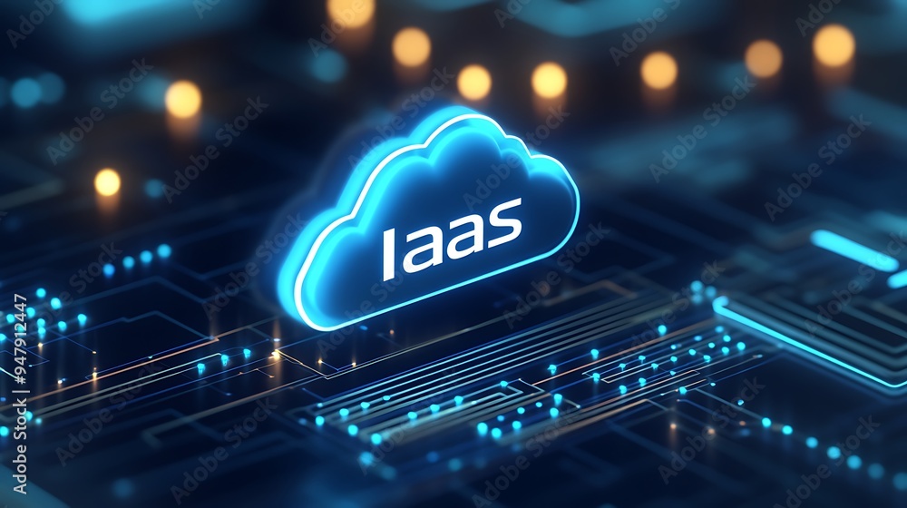 Poster futuristic digital cloud labeled iaas on a blue circuit board, representing cloud computing and infr