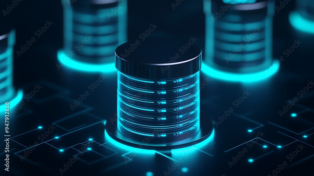 Poster futuristic digital data storage concept, featuring illuminated data servers representing cloud techn