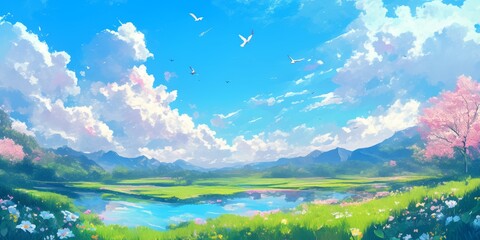 Fototapeta premium Enchanting Anime-Style Natural Landscape: AI-Generated Scenic Adventure with Cinematic Sky and Vibrant Clouds. Colorful Artistic Illustration for Marketing, Cultural Expression, and Versatile Design A