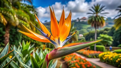 Obraz premium Strelitzia flower blooming in the Botanical Garden of Funchal, Madeira Island, Strelitzia, flower, bloom