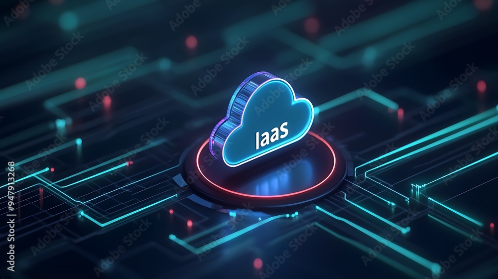 Poster futuristic digital rendering illustrating cloud computing concept of infrastructure as a service (ia