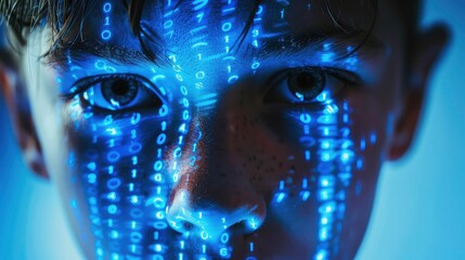 A close-up shot of a young boy's face with binary code projected onto it, creating a futuristic and digital aesthetic.
