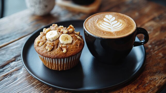 A latte with a banana walnut muffin, served on a black plate in a coffee shop. The coffee features latte art in the foam, complementing the muffin for a delicious breakfast or snack.