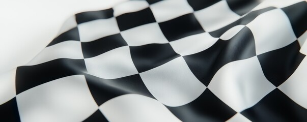 Black and white checkered flag on wavy cloth with copy space isolated on a clear background.