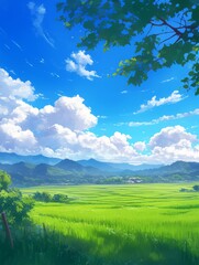 Fototapeta premium Enchanting Anime-Style Natural Landscape: AI-Generated Scenic Adventure with Cinematic Sky and Vibrant Clouds. Colorful Artistic Illustration for Marketing, Cultural Expression, and Versatile Design A