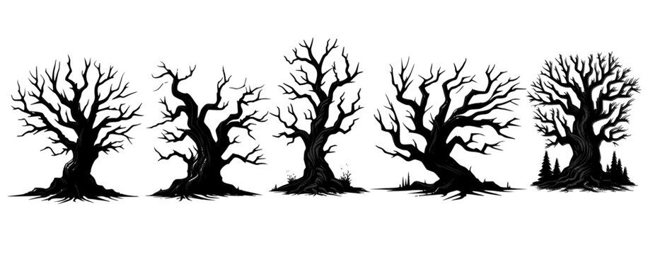 scary vector dead trees isolated on white. detailed crooked spooky leafless trees set. 