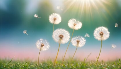 Flying Dandelion Seeds in a Magical Sunlit Atmosphere