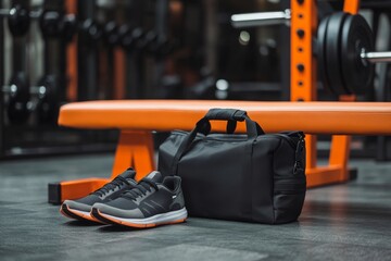 Fototapeta premium A black gym bag and sports shoes lie on the floor in front of orange chairs.