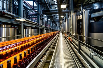 Fototapeta premium Modern factory producing beer, bottles moving on conveyor belt, industrial machinery