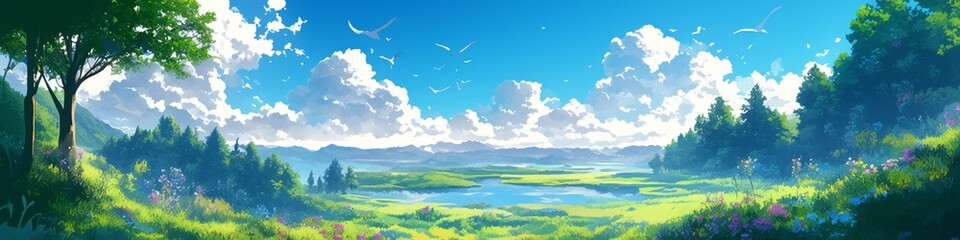 Obraz premium Enchanting Anime-Style Natural Landscape: AI-Generated Scenic Adventure with Cinematic Sky and Vibrant Clouds. Colorful Artistic Illustration for Marketing, Cultural Expression, and Versatile Design A
